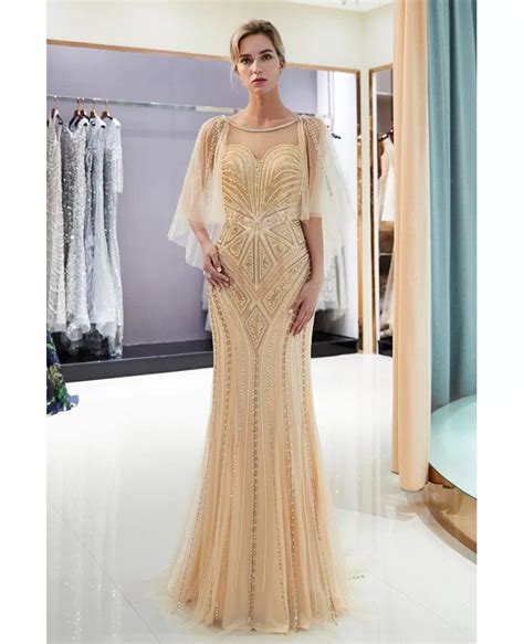 Silver Mermaid Long Beading Tulle Prom Dress With Cape Sleeves F018