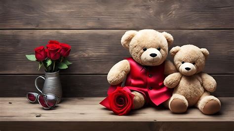 Premium AI Image A Teddy Bear And A Vase Of Red Roses Sit On A Wooden