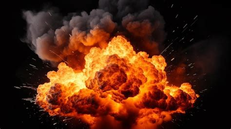 Huge Extremely Hot Explosion With Sparks And Hot Smoke Against Black Background Premium AI
