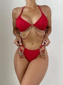 Shein Swim Summer Beach Textured Bikini Set Chain Beaded Detail Halter Triangle Bra High Cut