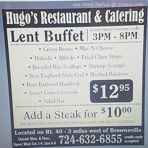 Menu at Hugo's Restaurant & Catering, Centerville