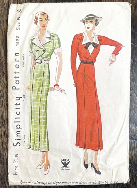 1934 Vintage Simplicity 1492 Dress Unprinted Pattern Bust 34 Size