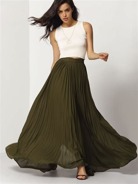 Olive Flowy Pleated Maxi Skirt Makemechic Green Maxi Skirt Brown Maxi Skirts Pleated