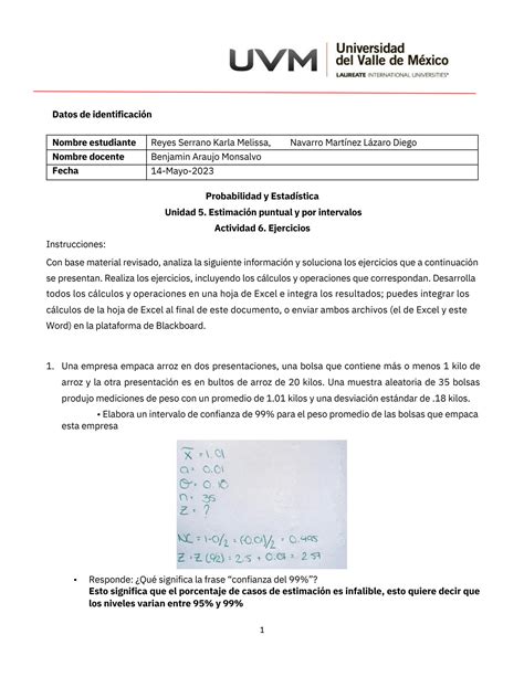 SOLUTION Uvm Probabilidad Y Estad Stica 0aunidad 5 Estimaci N Puntual