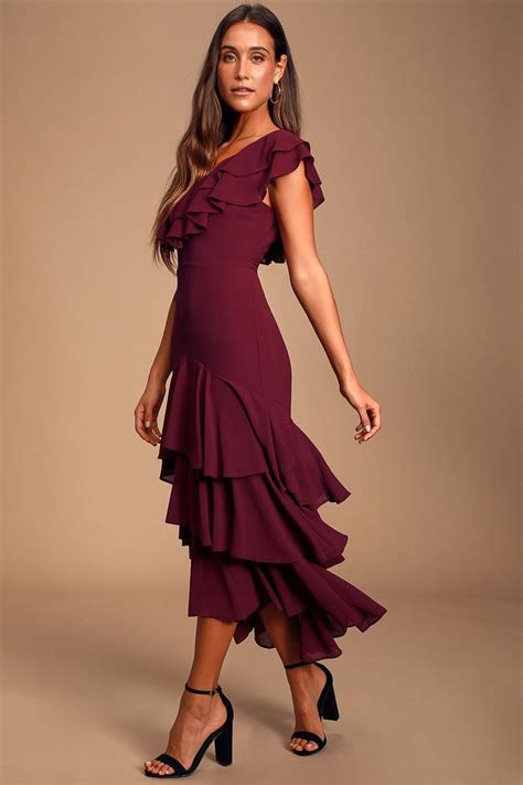 Betsey Burgundy Ruffled Midi Dress Midi Ruffle Dress Burgundy Midi