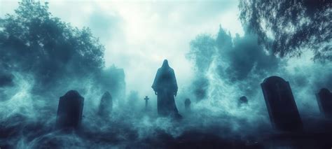 Grim Reaper Standing In A Foggy Graveyard Premium AI Generated Image