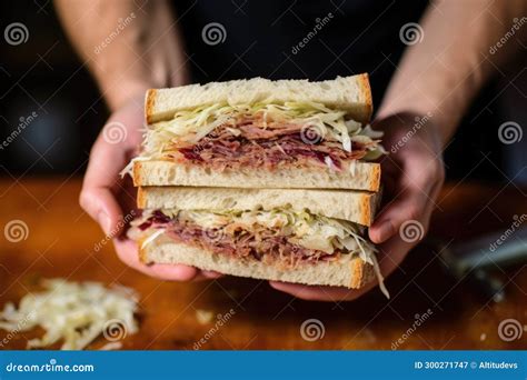 Hands Candidly Holding An Unwrapped Sauerkraut Sandwich Stock Image Image Of Unwrapped