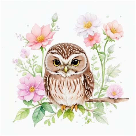 Premium Photo Adorable Watercolor Owl With Floral Frame