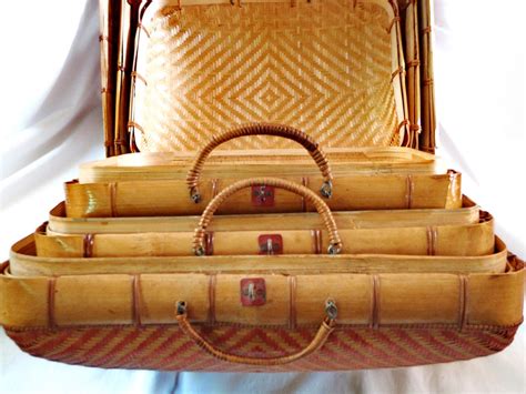 3 Vintage Wicker Bamboo Suitcases Three Nesting Suitcases Etsy