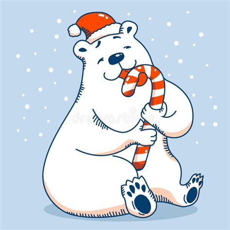 Christmas Card With Polar Bear Eat Sweet Christmas Candy Cane Vector