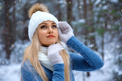 Depth Of Field Women Outdoors Snow Blonde Women Sweater Blue Eyes