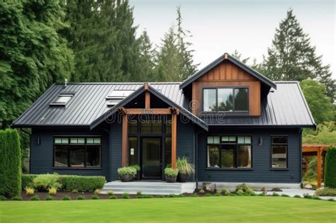 Modern Craftsman House with Metal Roof, Black Exterior and Windows Stock Illustration ...