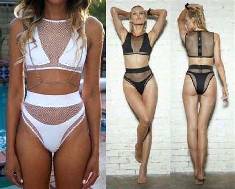 Sexy Women High Cut MESH Inserted Bikini Set Swimsuit Swimwear Black White EBay