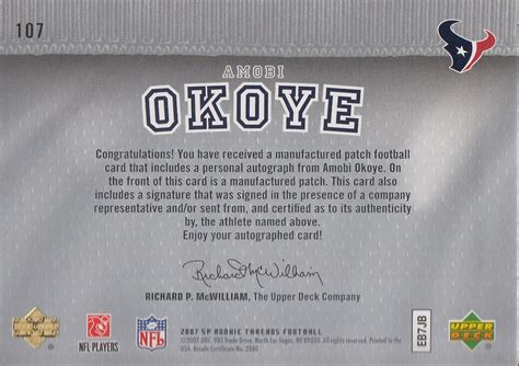 2007 SP Rookie Threads Rookie Letterman Gold 107 Amobi Okoye Autograph