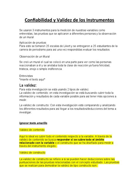 Confiabilidad Y Validez De Los Instrumentos Pdf