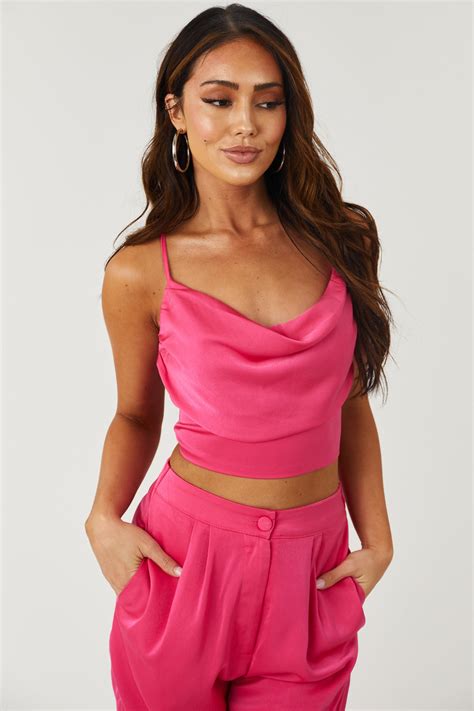 Hot Pink Cowl Neck Satin Crop Top And Pants Set Lime Lush Boutique