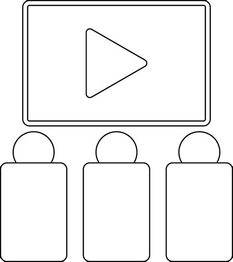 Viewers watching motion picture at movie theatre in black line art