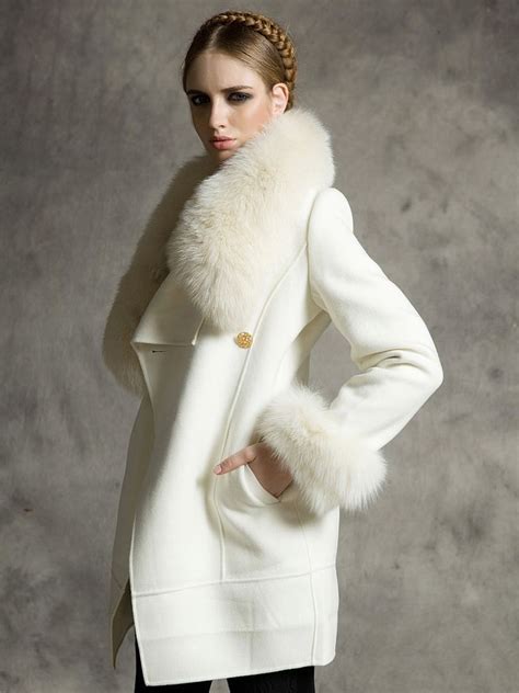 White Longline Wool Coat With Faux Fox Fur Collar And Cuffs Abrigos