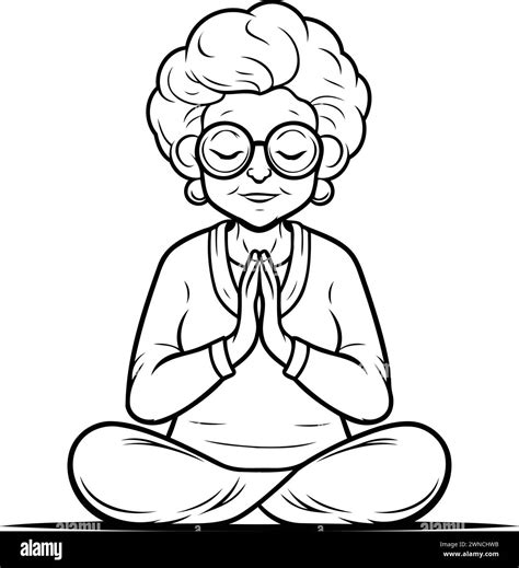 Funny Grandmother Meditating Black And White Cartoon Illustration