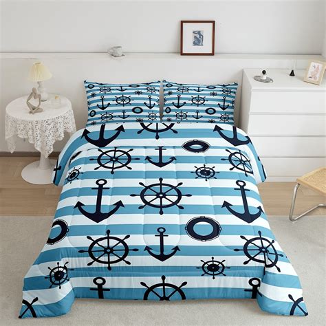 Nautical Anchor Bedding Set Queen, Navy Blue And White Stripes ...