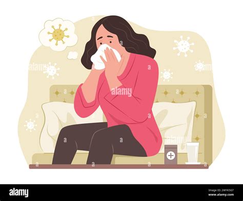 Sick Woman Blowing Nose Into Handkerchief For Fever Concept