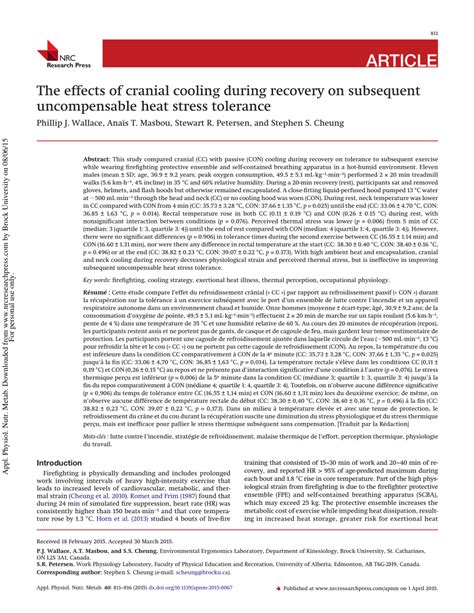 Pdf The Effects Of Cranial Cooling During Recovery On Subsequent