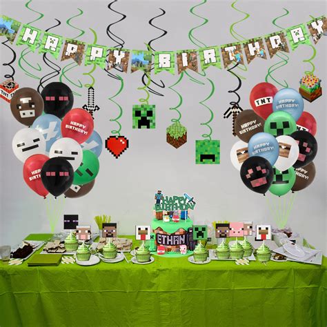 Buy Pixel Style Gamer Birthday Party Supplies, Minecraft Birthday Decorations Including Pixel ...