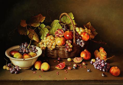 Still Life With Basket And Pomegranate Painting By Jose Escofet Pixels