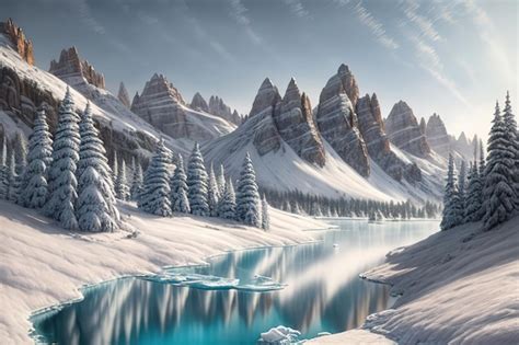 Premium Photo A Snowy Mountain Landscape With A Lake And Mountains