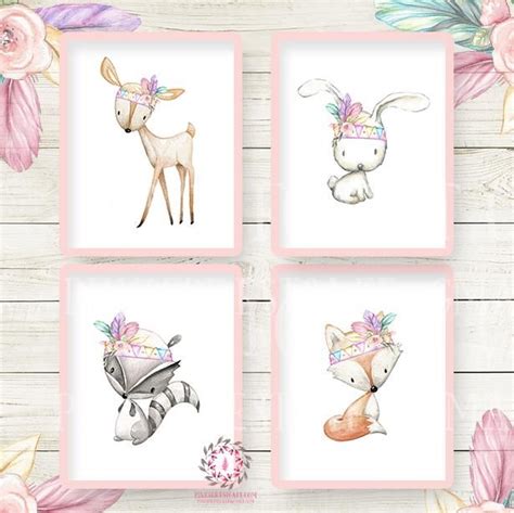 4 Deer Fox Bunny Raccoon Wall Art Print Nursery Rabbit Pink Purple Mint