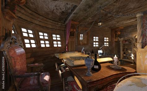 Old Pirate ship cabin interior 3d illustration Stock Illustration | Adobe Stock