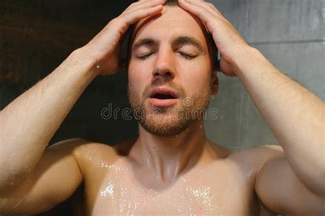 Relaxing After Stressful Day Waist Up Portrait Of Naked Muscular Gentleman Taking Shower At