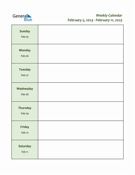 Weekly Calendar - February 5, 2023 to February 11, 2023 - (PDF, Word ...