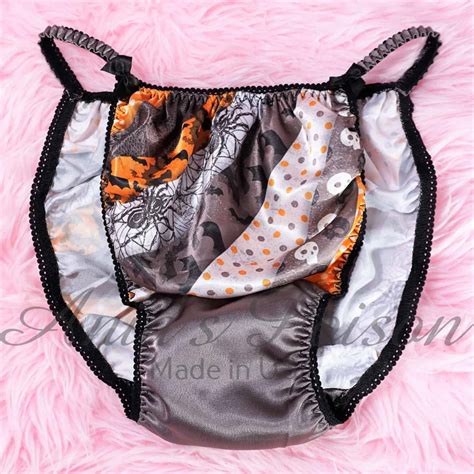 Anias Sissy Satin Halloween String Bikini Orange Gray Spiders Skulls Striped Mens Panties Sz M