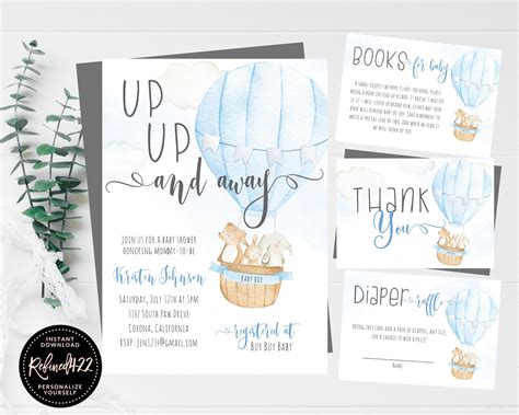 Blue Hot Air Balloon Baby Shower Invite Up Up And Away Boy Etsy