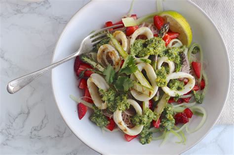 Squid Salad With Strawberries Asparagus Noodles Chilli Lime Pesto