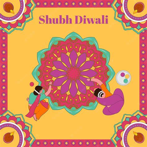 Premium Vector Shubh Diwali Greeting Card With Indian Women Making Rangoli And Lit Oil Lamps