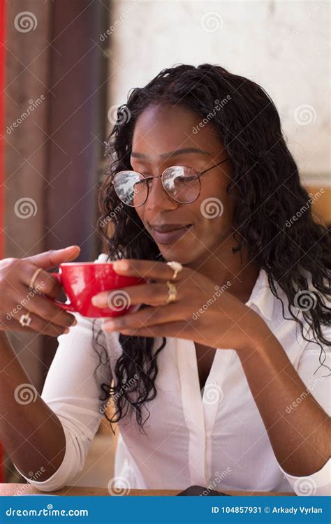 African American Woman Drinks Coffee In Cafe Stock Image Image Of