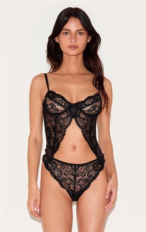 Ensemble De Lingerie Corset Noir En Dentelle À Détail Fente Devant Lingerie Pyjamas