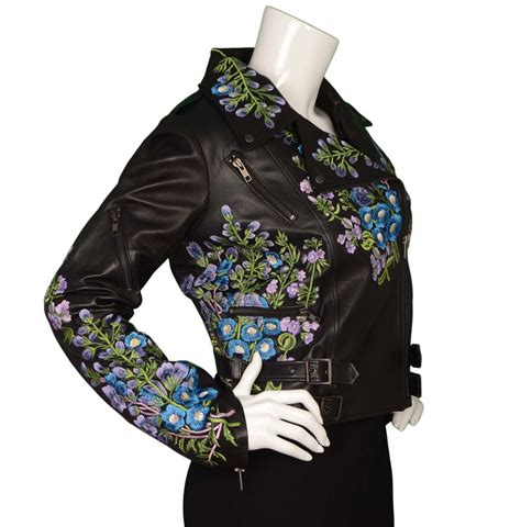 Christopher Kane Floral Embroidered Black Leather Jacket Sz 10 For Sale