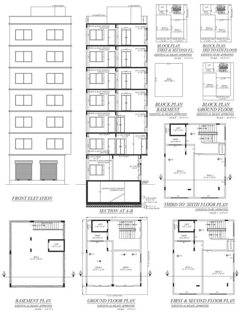 Multi Purpose Hall Design Six Storey Tower Detailed Plan Section And