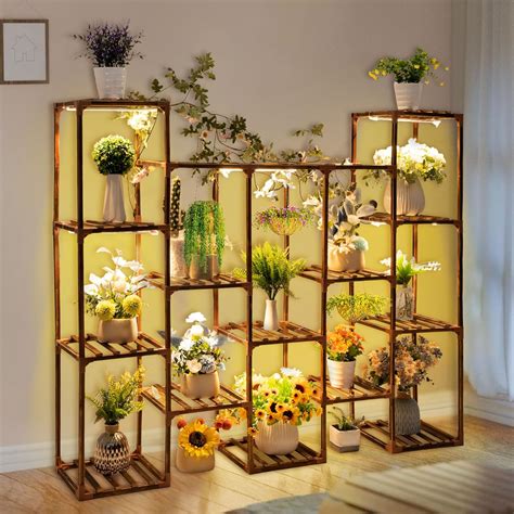 Dreyoo Plant Stand With Grow Lights Wood Plant Shelf With