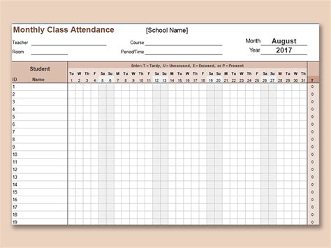 Excel Of Monthly Class Attendance Tracking Template Xlsx Wps Free Templates