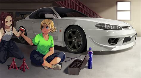 Safebooru 2girls D Blonde Hair Brown Eyes Brown Hair Can Car Closed Mouth Collarbone Day