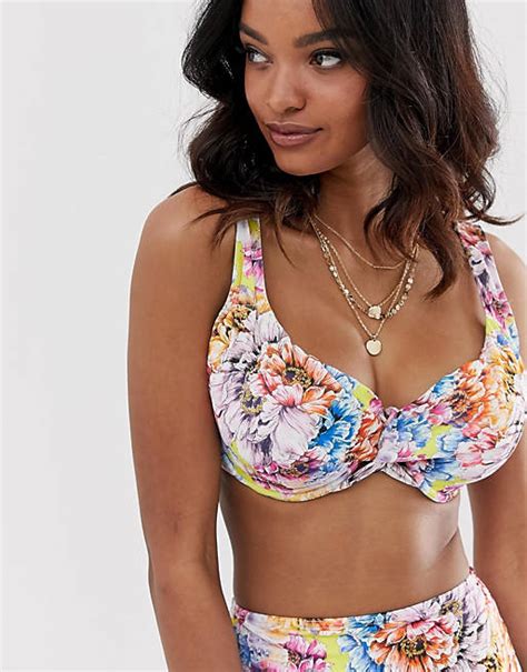 Asos Design Recycled Fuller Bust Exclusive Twist Front Plunge Bikini Top In Pretty Floral Print