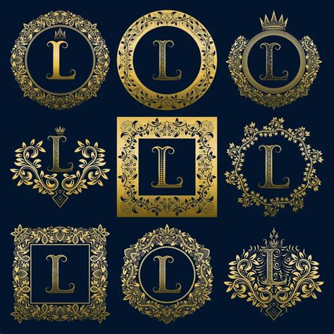 Vintage Monograms Set Of M Letter Golden Heraldic Logos In Wreaths