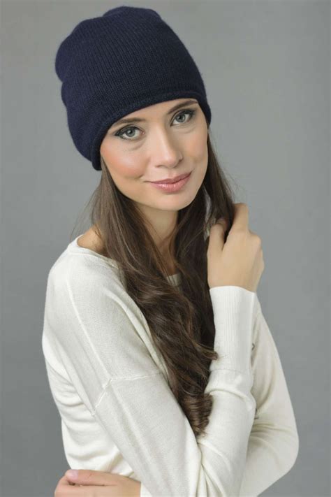 Pure Cashmere Plain Knitted Slouchy Beanie Hat In Navy Blue Italy In