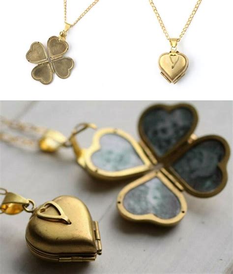 4 Empty Spaces For Pictures Brass Heart Clover Locket Necklaces For