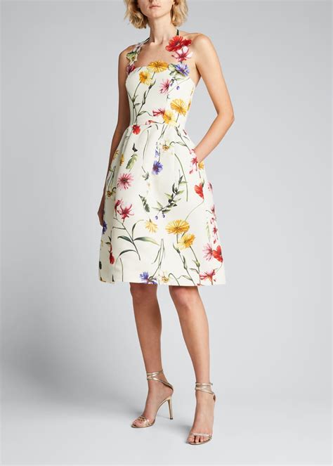 Oscar De La Renta Floral Applique Halter Neck Dress Bergdorf Goodman