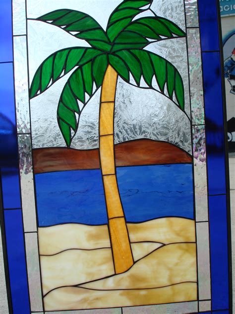 Island Palm Tree Leaded Stained Glass Window Panel